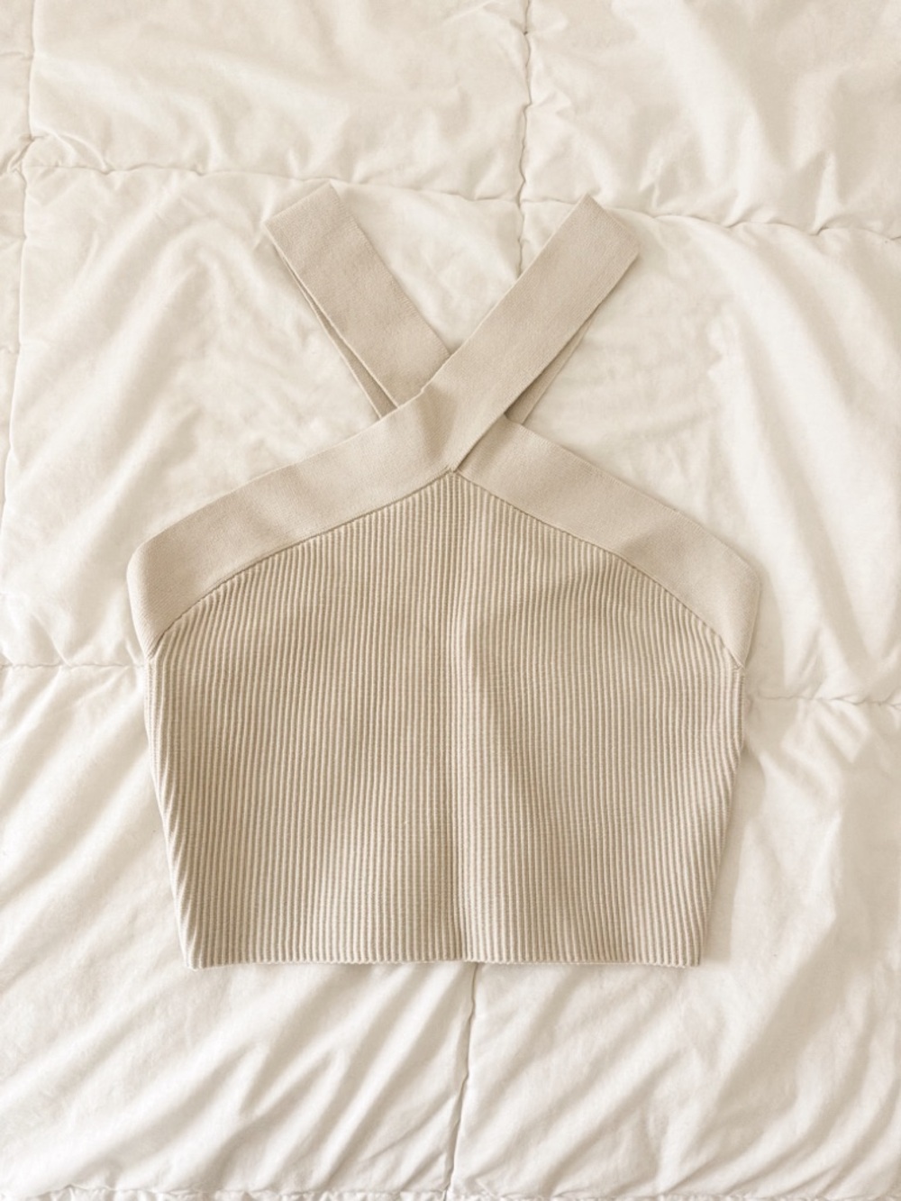 Aritzia Cream Ribbed Cross-Back Crop Tank